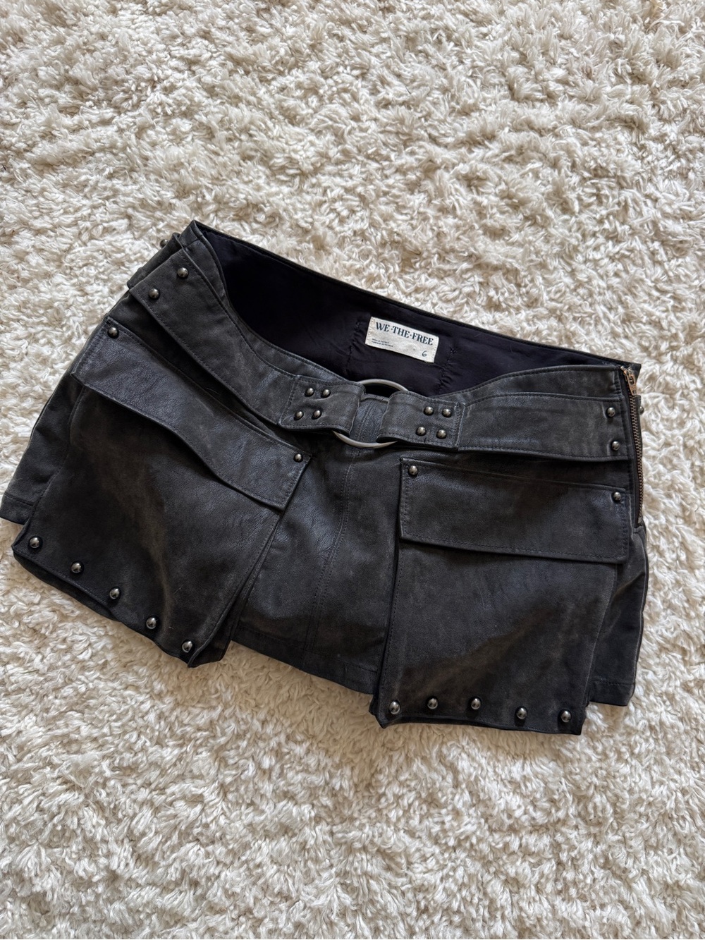 We The Free Black Faux-Leather Studded Mini Skirt with Ring Belt